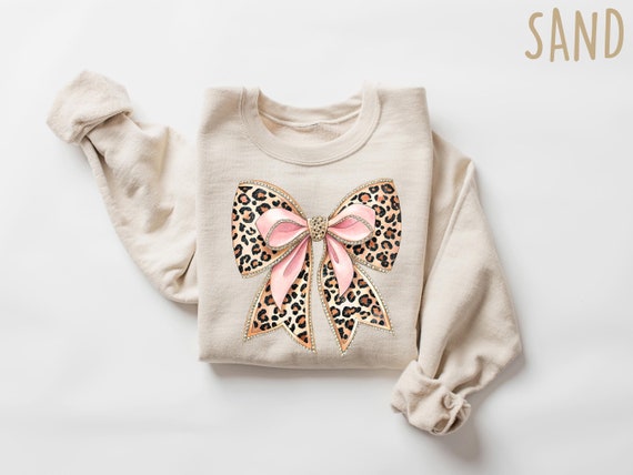 Bow Sweatshirt | Leopard Coquette Bow Shirts | Coquette Aesthetic | Girly Girl Shirts Preppy Bow Shirts Leopard Ribbon Sweater | Trendy Gift