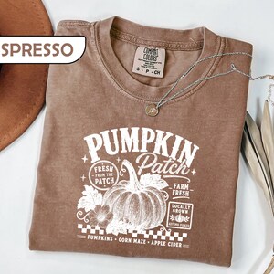 May include: An espresso-colored t-shirt featuring a white graphic print of a pumpkin with the text PUMPKIN PATCH, FRESH FROM THE PATCH, FARM FRESH, LOCALLY GROWN, AUTUMN PICKED, PUMPKINS, CORN MAZE, and APPLE CIDER, with a checkered pattern border.