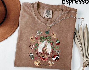 Comfort Colors® Disney Christmas T-Shirt, Disney Coquette Tis The season To Sparkle Shirt, Christmas Magic Castle Mickey Balloon Shirt