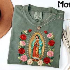 Comfort Colors® Our Lady of Guadalupe Shirt, Virgin Mary Tee, Catholic Christian Gift, Floral Rose Design