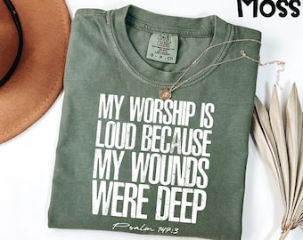 Camiseta cristiana Comfort Colors® "Mi adoración es fuerte" (Salmo 147:3), camiseta con gráfico inspirador, camiseta religiosa inspiradora, camiseta de regalo