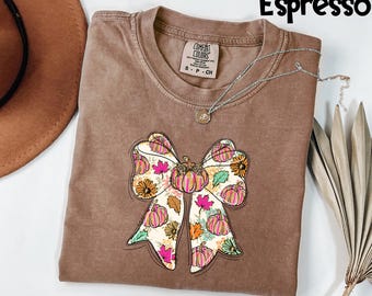 Comfort Colors® Bow Pumpkin T-Shirt, Patchwork Pumpkin Shirt, Thanksgiving Shirt, T-Shirt, Fall Season Pumpkin Shirt, Pumpkin Tee