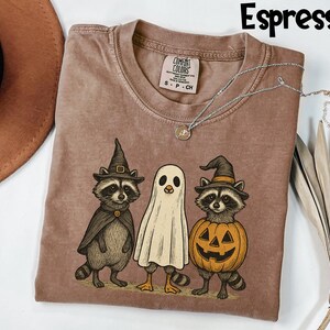 May include: Espresso-colored t-shirt featuring a Halloween-themed graphic of three anthropomorphic creatures: a raccoon in a witch hat, a ghost, and a raccoon in a jack-o'-lantern. The shirt has a crew neck and short sleeves. A silver necklace is draped across the shirt.