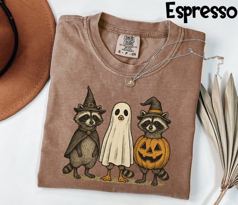 May include: Espresso-colored t-shirt featuring a Halloween-themed graphic of three anthropomorphic creatures: a raccoon in a witch hat, a ghost, and a raccoon in a jack-o'-lantern. The shirt has a crew neck and short sleeves. A silver necklace is draped across the shirt.