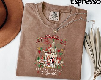 Comfort Colors® Disney Christmas Shirt, Disney Coquette Tis The season To Sparkle Shirt, Christmas Magic Castle Mickey Balloon Shirt