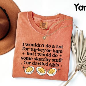 May include: A coral-colored t-shirt with the text "I wouldn't do a Lot for turkey or ham + but I would do + some sketchy stuff for deviled eggs +" and a graphic of deviled eggs. A gold necklace is draped across the shirt.