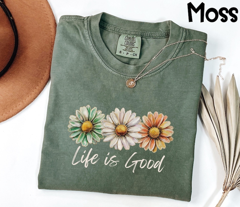 Comfort Colors® Life Is Good Shirt Daisy Floral Tee, Inspirational Positive Vibes T-Shirt, Boho Flower Top, Motivational Gift afbeelding 1