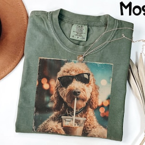 Comfort Colors® Coffee Dog Shirt, Goldendoodle Drinking Iced Coffee Tee, Funny Dog Meme Shirt, Retro Animal Graphic Top, Dog Lover Gift