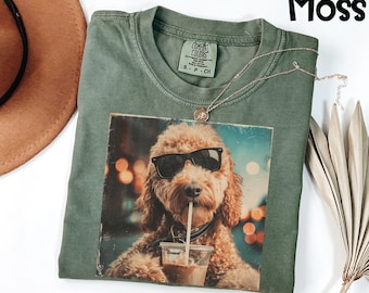 Comfort Colors® Coffee Dog Shirt, Goldendoodle Drinking Iced Coffee Tee, Funny Dog Meme Shirt, Retro Animal Graphic Top, Dog Lover Gift