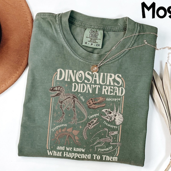 Chemise Comfort Colors® Les dinosaures n'ont pas lu, t-shirt alphabétisation bibliothécaire, t-shirt enseignant drôle, cadeau livresque pour les lecteurs, t-shirt amateur de livres rétro