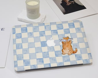 Blue Checkerboard Theme Cute Cat Aesthetic MacBook Case For New MacBook Air 15 13 11, MacBook Pro 16 14 13, MacBook M4 M3, Laptop Cover