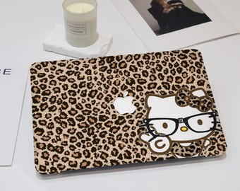 Custodia per Macbook con stampa leopardata e motivo a gattino con simpatici cartoni animati, per Macbook Air 11/13/15, Macbook Pro 13/14/16, Macbook M4 M3, Macbook 12 pollici