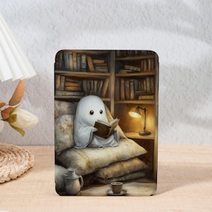 May include: A whimsical illustration of a friendly ghost reading a book while seated on a stack of pillows. The ghost is surrounded by a cozy library setting with a warm lamp and a cup of coffee. The artwork has a soft, inviting color palette.