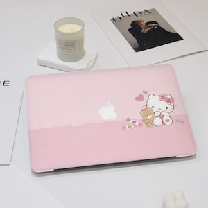 Cute Cartoon Pink Kitty Macbook Case Cover for Macbook Air 15/13/11 Macbook Pro 14/15/16/13 Macbook M4 Macbook 12 inch Kitty with Teddy Bear