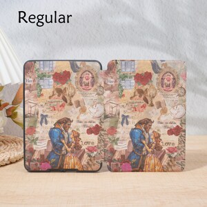 May include: A regular-sized tablet case featuring a collage design with the text "Love". The design includes illustrations of a couple, roses, clocks, and the text "Her". The case is a mix of beige, red, and blue.