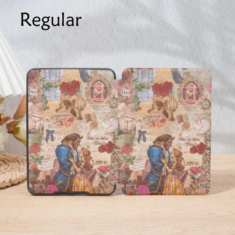May include: A regular-sized tablet case featuring a collage design with the text "Love". The design includes illustrations of a couple, roses, clocks, and the text "Her". The case is a mix of beige, red, and blue.