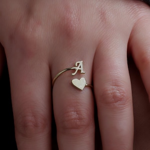Personalized Initial Heart Ring, Sterling Silver Customized Initial & Heart Ring, Valentines Day Gift For Her, Custom Initial Ring, Mom Gift