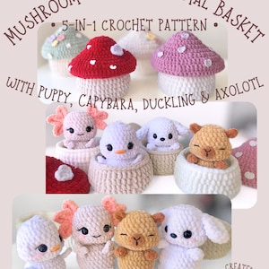 Op de afbeelding: Afbeelding van een haakpatroon met paddenstoelvormige manden en dierenfiguren. De tekst luidt "Mushroom Surprise Animal Basket" en "5-in-1 Crochet Pattern". Dieren zijn onder meer een puppy, capibara, eendje en axolotl. Afbeelding van Crafty Stories.