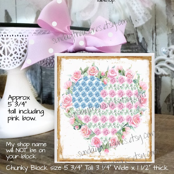 PINK July 4th Heart Flag / Pink Blue shabby Roses Romantic Feminine Chunky Block Sign /Shabby Chic Pink White Blue Tiered Tray Decor