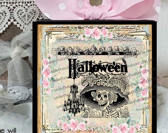 BLOCK- Skull Witch Block Sign / Pink Halloween Fall Decor / Pink Shabby Chic Roses / Tiered Tray Decor / Wood Block Decor