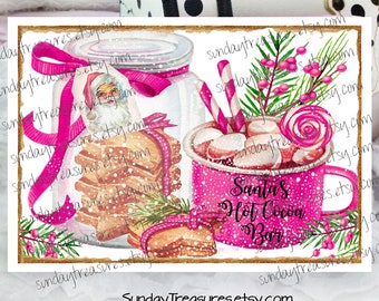 Pink Vintage Santa's Hot Cocoa Cookie Jar Sign Wall Decor / Canvas Sign Sz 5"x7" / Wall Hanging Christmas Plaque Picture /  Shabby Chic