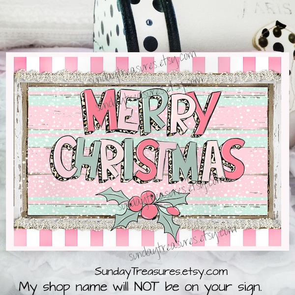 Pink Merry Christmas Sign Decor / Sign 5"x7" / Art Wall Hanging Christmas / Pink Mint Green Leopard Shabby Chic Retro Groovy