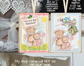 Handmade 2 Pc Set Teddy Bear Tags / Favor Bag Gift Tags / Junk Journal Cards Tags / Ephemera