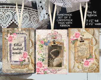 Handmade Tags 3 Pc Set Collect Beautiful Moments Vintage Woman / Favor Bag Gift Tags / Feminine Shabby Chic / Junk Journal Cards / Ephemera