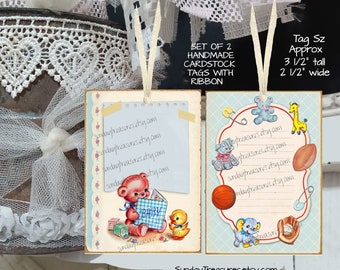 Handmade 2 Pc Set Baby Boy Tags / Baby Shower Favor Bag Gift Tags / Junk Journal Cards Tags / Ephemera