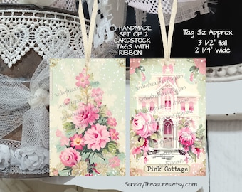 Tag- Handmade 2 Pc Set Pink Cottage House Pink Roses Tags / Favor Bag Gift Tags / Feminine Shabby Chic / Junk Journal Cards Tags / Ephemera
