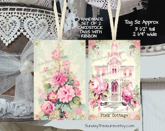 Handmade 2 Pc Set Pink Cottage House Pink Roses Tags / Favor Bag Gift Tags / Feminine Shabby Chic / Junk Journal Cards Tags / Ephemera