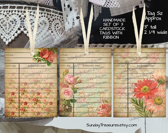 Handmade Tags-3 Pc Set / Shabby Chic Roses Flowers Tags / Party Favor Bag Gift Tags / Junk Journal Cards Tags / Ephemera