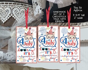 Handmade Tags - Set 3 Retro Vintage Kitten July 4thTags / Independence Day Favor Bag Gift Tags / Junk Journal Tags / Ephemera