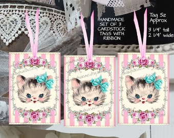 Handmade Tags 3Pc Set Retro Kitten Cat Tags / Shabby Chic Kitten Favor Bag Gift Tags / Vintage Inspired / Junk Journal Cards Tags / Ephemera