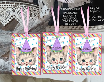 Handmade Tags 3Pc Set Retro Kitten Birthday Tags / Personalized Favor Bag Gift Tags / Junk Journal Cards Tags / Ephemera