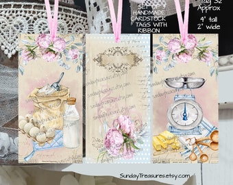 Handmade 3 Pc Set  Baking Tags / Favor Bag Gift Tags / Romantic Feminine Shabby Chic / Cupcake Cake / Junk Journal Cards Tags / Set #3