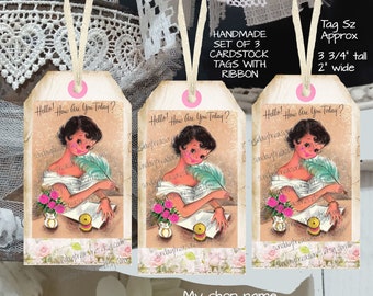 Handmade 3 Pc Set Vintage Girl Woman / Favor Bag Gift Tags / Feminine Shabby Chic / Birthday - All Ocassions / Junk Journal Cards Tags