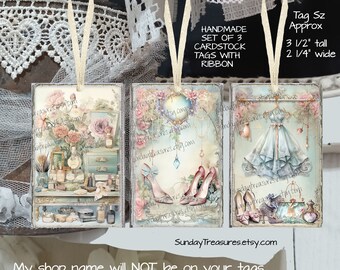 Handmade Tags 3 Pc Set Vanity Shoes Gown Fashion Roses / Favor Bag Gift Tags / Romantic Feminine Shabby Chic / Junk Journal Cards / Ephemera