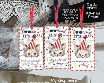 Handmade Tags - Set 3 Retro Vintage Kitten July 4thTags / Independence Day Favor Bag Gift Tags / Junk Journal Tags / Ephemera