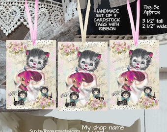 Handmade Tags 3Pc Set Halloween Retro Kitten Cat Tags / Shabby Chic Kitten Favor Bag Gift Tags / Junk Journal Cards Tags / Ephemera
