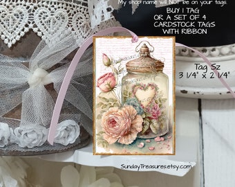 Heart Jar Pink Flowers / Buy 1 Tag or in Sets of 4  / Shabby Chic Junk Journal Tags / Party Favor Gift Tags / Handmade