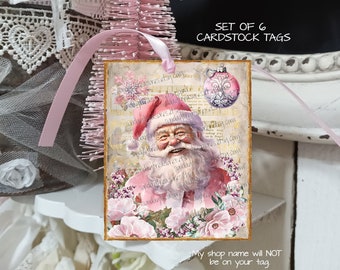 QTY 6 Tags Pink Vintage Santa / Shabby Chic Flowers / Pastel Christmas Ornament / Junk Journal Tags / Christmas Party Favor Bag Gift Tags