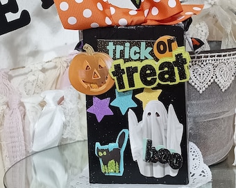 Trick or Treat Ghost Black Cat Boo Halloween Tiered Tray Decor / 7"x4" Halloween Block Shelf SiGN / Mixed Media Decor Decoration / OOAK