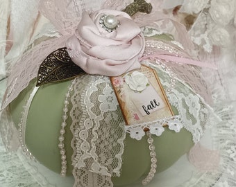 OOAK-  Pumpkin Green Blush Pink Shabby Chic Pumpkin Fall Thanksgiving Halloween Centerpiece / Glam Romantic Pumpkin Decor