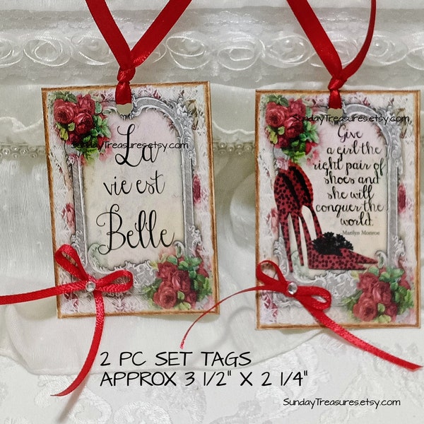 2Pc Set Red Stiletto Heels Shoes, La Vie Est Belle / Junk Journal Cards Tags / Shabby Chic Gift Tags / Party Favor Tags / Handmade