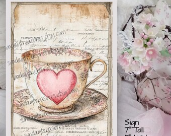 Sign - Teacup  Pink Heart / 5x7 Canvas Picture / Shabby Chic Feminine Romantic Kitchen Wall Hanging Art / French Cottage Decor / SEE MORE