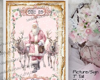 Pink Vintage Santa Reindeer Wall Decor / Romantic Pastel Pink Shabby Chic Roses / Sz 5"x7" Wall Hanging Christmas Art / FREE SHIPPING