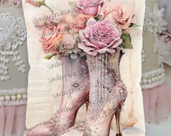 Small Pillow- Vintage Shoes Pillow / Blush Pink Shabby Chic Roses Decorative Throw Pillow / Home Decor / Gifts For Her