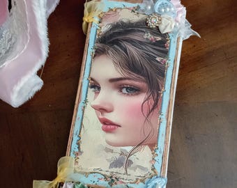 OOAK- Slim Notepad 7" / Woman Notepad Stationery / Blue Shabby Chic Notepad Journal / Book Booklet Planner / Handmade