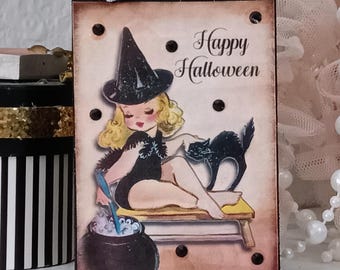 Block- Halloween Tiered Tray Decor / Retro Witch Black Cat Cauldron / Halloween Decor / Mini Block Sign / MINI Block Shelf Sign